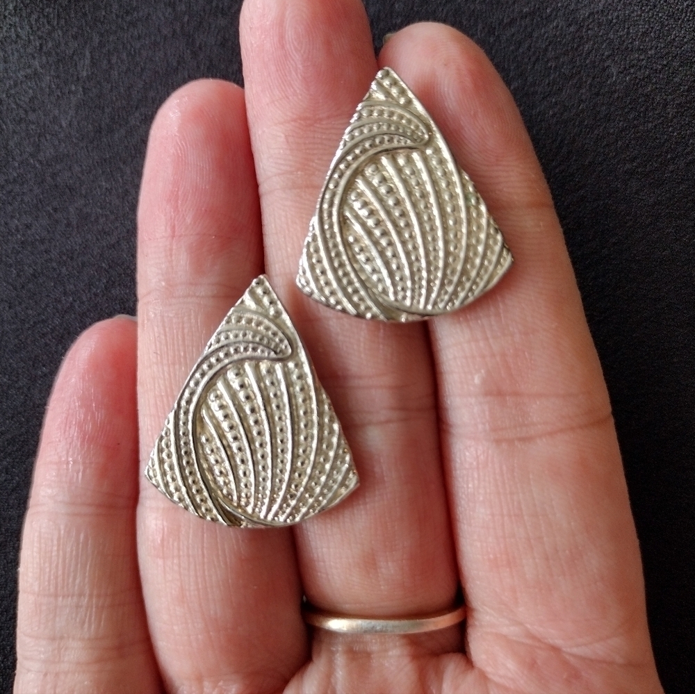 Silver Triangle Stud Earrings - Picture 2 of 6